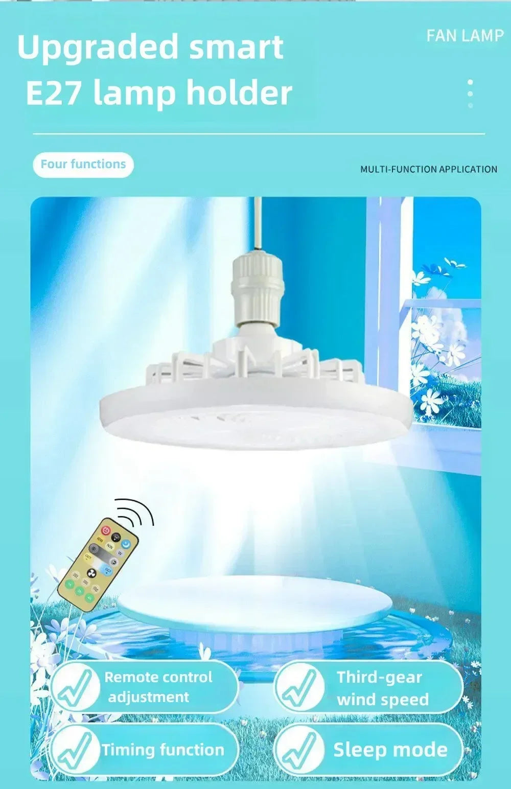 Ceiling Fan With Remote Control Lighting E27 Conversion Base 85-265v Lighting Base Suitable for Bedroom and Living